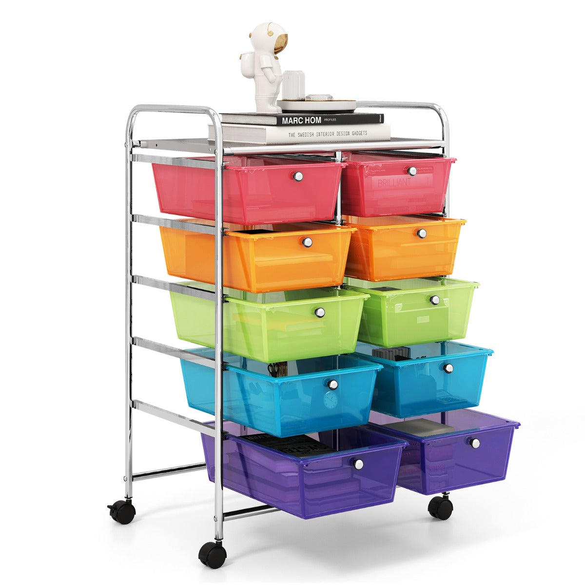 LIVSK Rollende Opbergwagen met 10 Laden - Vergrendelbare Wielen - Stevig Metalen Frame - Multifunctioneel - 65,5 x 37 x 87 cm -