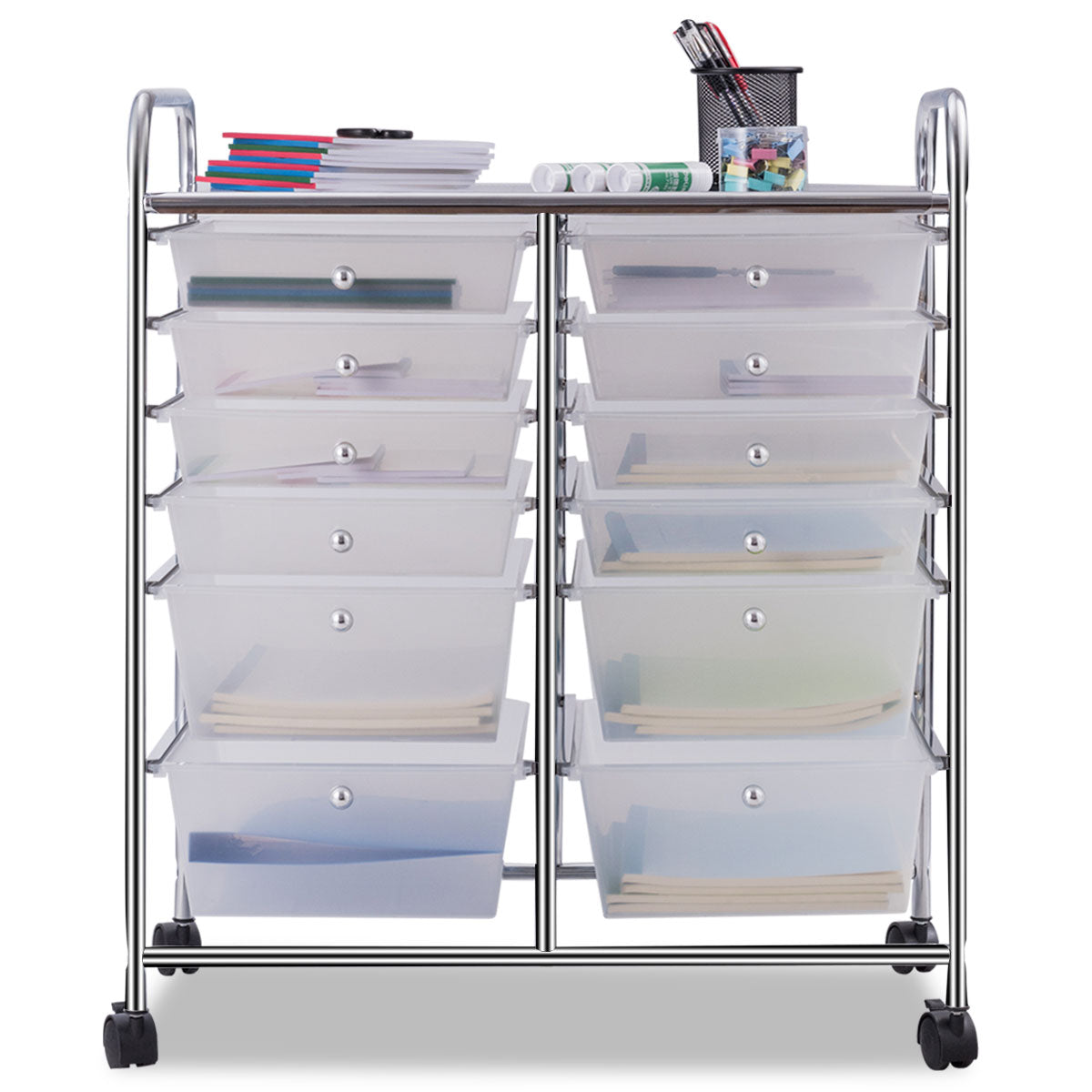 LIVSK Dubbellijnige Organizer met 12 Laden - Transparant - Stevig Stalen Frame - Rollend met Wielen - 63 x 37 x 73,5 cm -