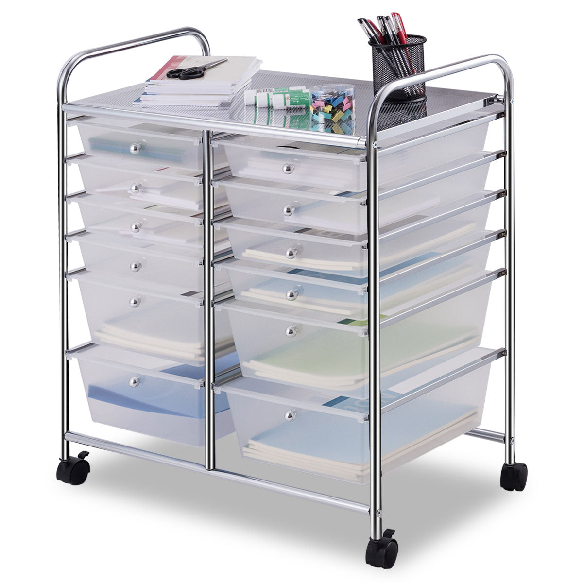 LIVSK Dubbellijnige Organizer met 12 Laden - Transparant - Stevig Stalen Frame - Rollend met Wielen - 63 x 37 x 73,5 cm -