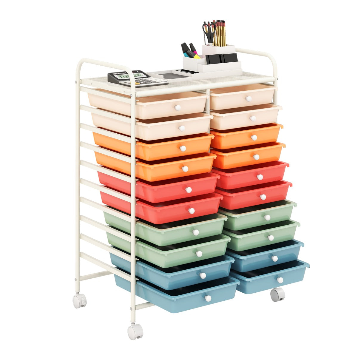 LIVSK Badkamertrolley - 20 Kleurrijke Laden - Beweegbaar met 360° Wieltjes - Staal en Kunststof - 63 x 37 x 87 cm - Meerkleurig