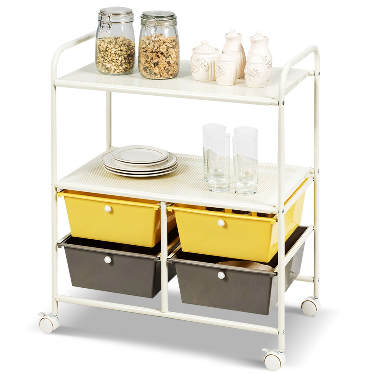LIVSK Trolley met 4 Laden - Stevig Chroomstaal en Kunststof - 2 Planken - Mobiel met 4 Wielen - 58,5 x 37 x 75 cm - Zoals
