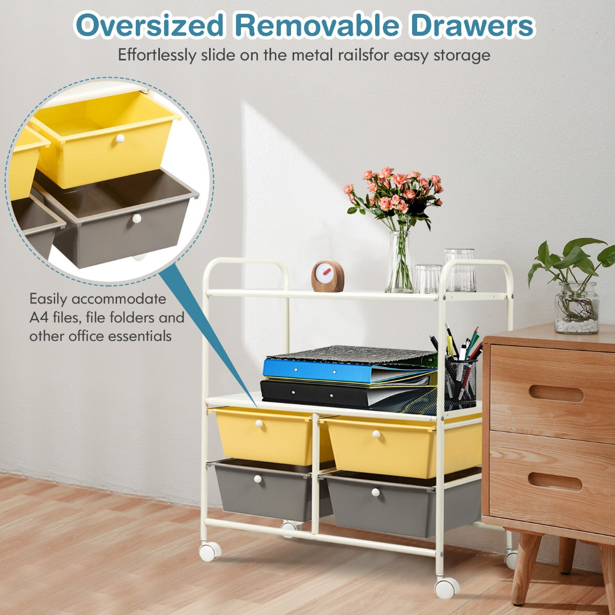 LIVSK Trolley met 4 Laden - Stevig Chroomstaal en Kunststof - 2 Planken - Mobiel met 4 Wielen - 58,5 x 37 x 75 cm - Zoals