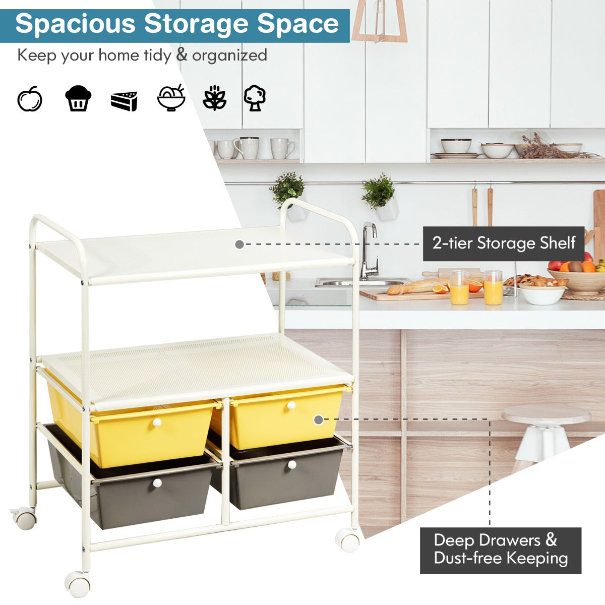 LIVSK Trolley met 4 Laden - Stevig Chroomstaal en Kunststof - 2 Planken - Mobiel met 4 Wielen - 58,5 x 37 x 75 cm - Zoals