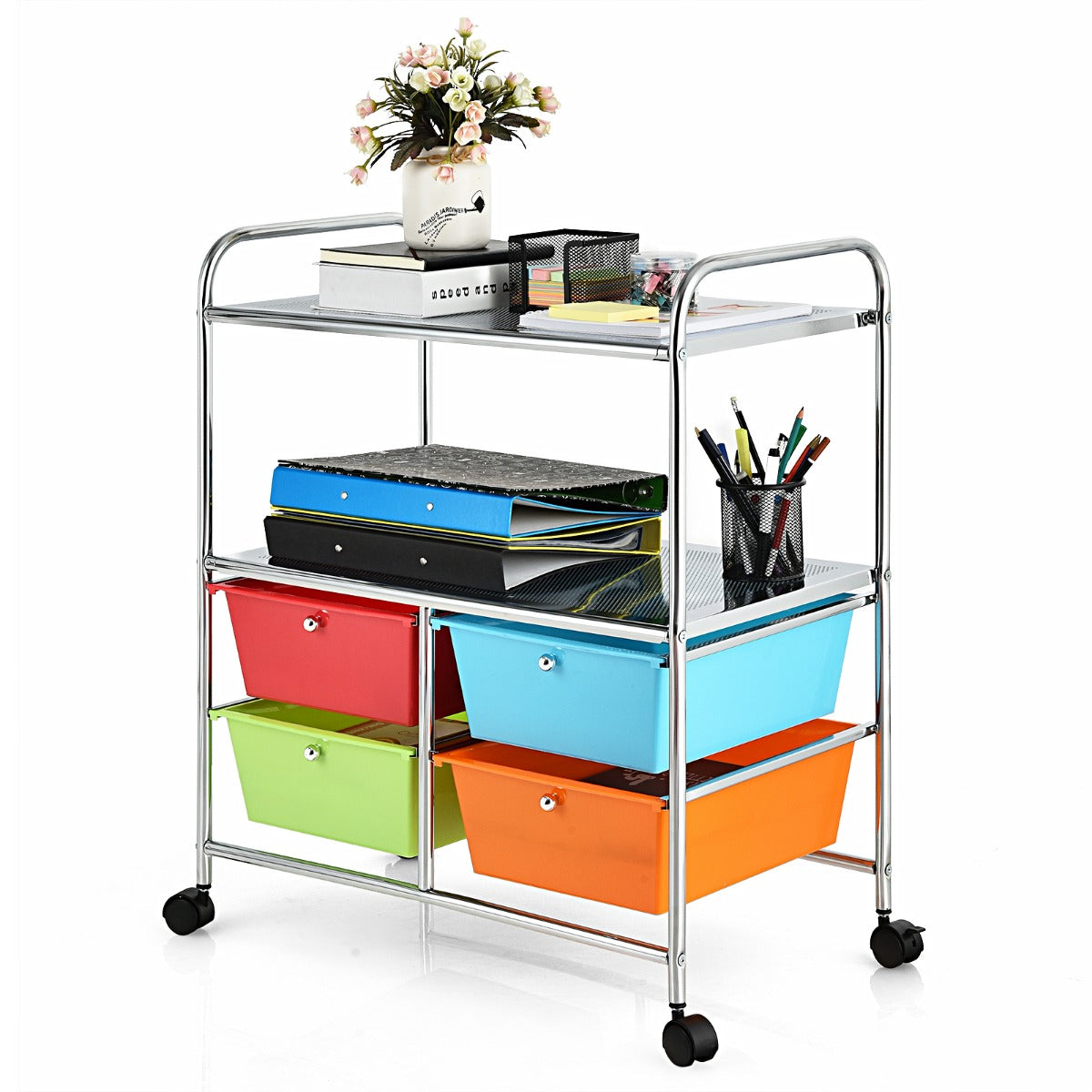 LIVSK Trolley met 4 Laden en 2 Planken - Duurzaam Chroomstaal - Eenvoudig te Verplaatsen - Multifunctioneel - 58,5 x 37 x 75 cm -