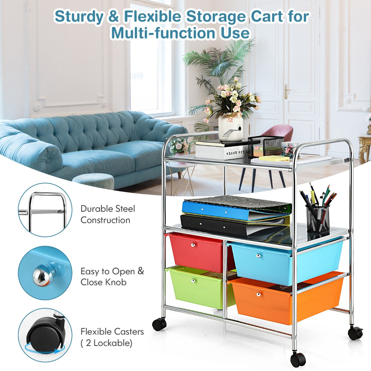 LIVSK Trolley met 4 Laden en 2 Planken - Duurzaam Chroomstaal - Eenvoudig te Verplaatsen - Multifunctioneel - 58,5 x 37 x 75 cm -
