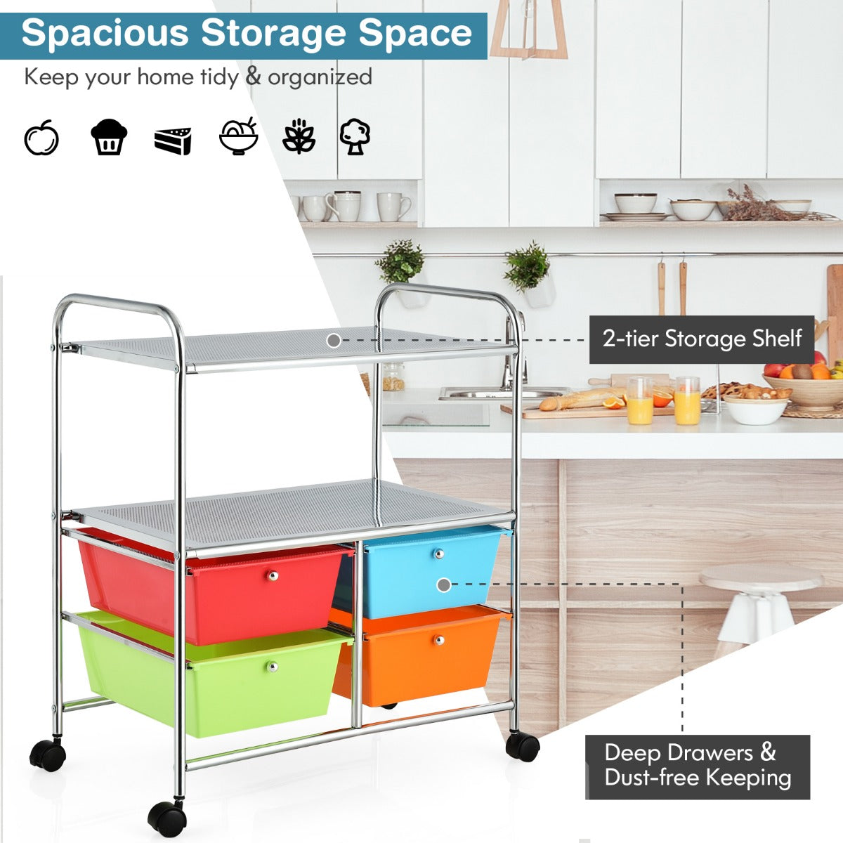 LIVSK Trolley met 4 Laden en 2 Planken - Duurzaam Chroomstaal - Eenvoudig te Verplaatsen - Multifunctioneel - 58,5 x 37 x 75 cm -