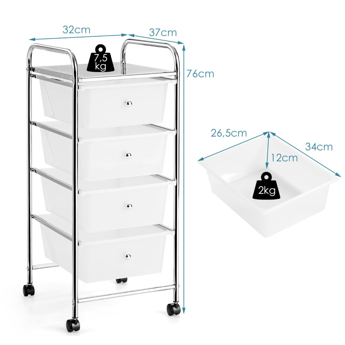LIVSK Rollade-opbergwagen met 4 Lades - Verticale Trolley - Vergrendelbare Wielen - Robuust Metaal - 37 x 32 x 76 cm -