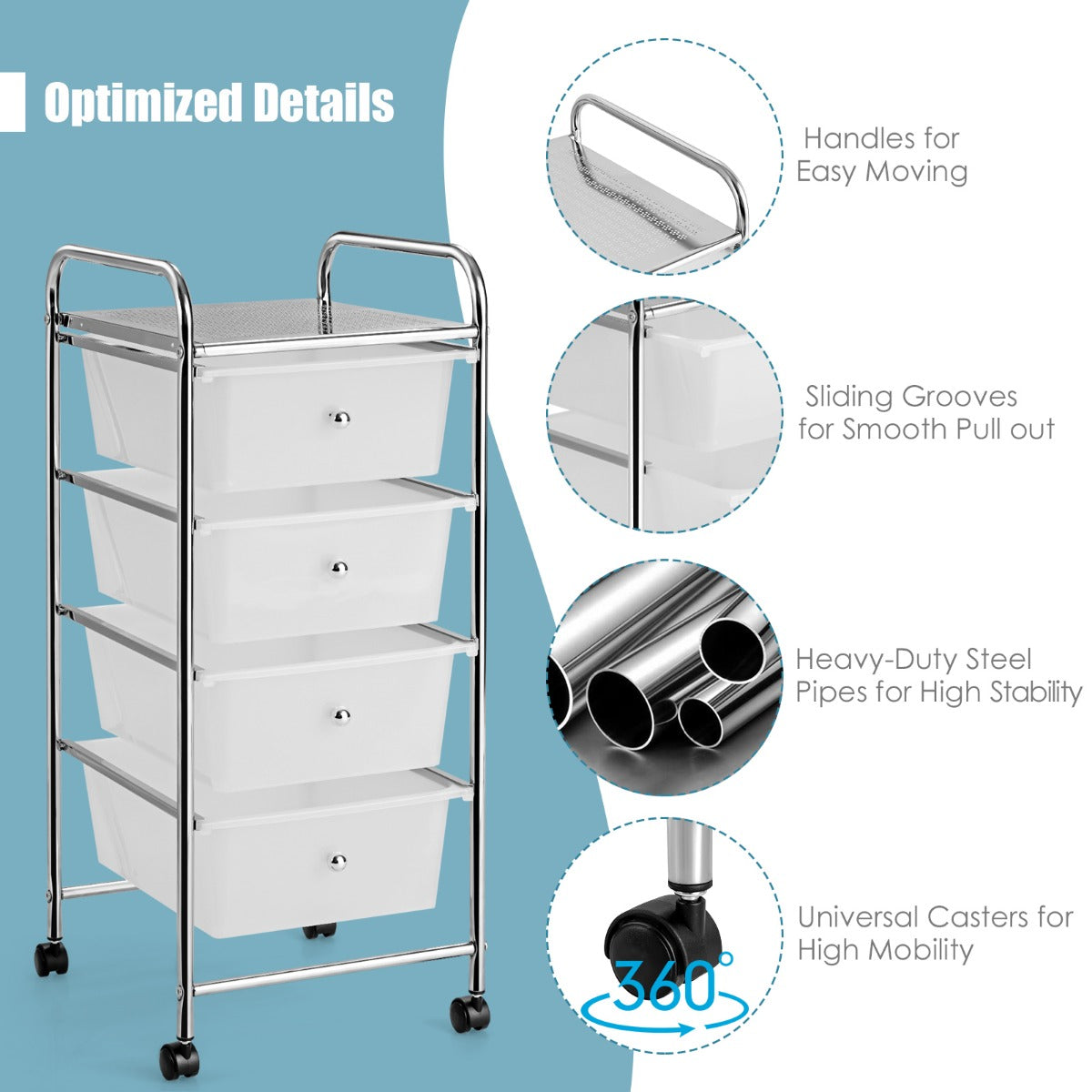 LIVSK Rollade-opbergwagen met 4 Lades - Verticale Trolley - Vergrendelbare Wielen - Robuust Metaal - 37 x 32 x 76 cm -