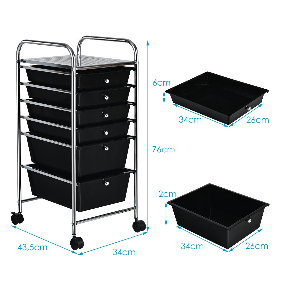 Livsk costway rolwagen met 6 stapelbare laden ladewagen rolcontainer met metalen frame en legplank badkamerrolwagen opbergwagen zwart 3