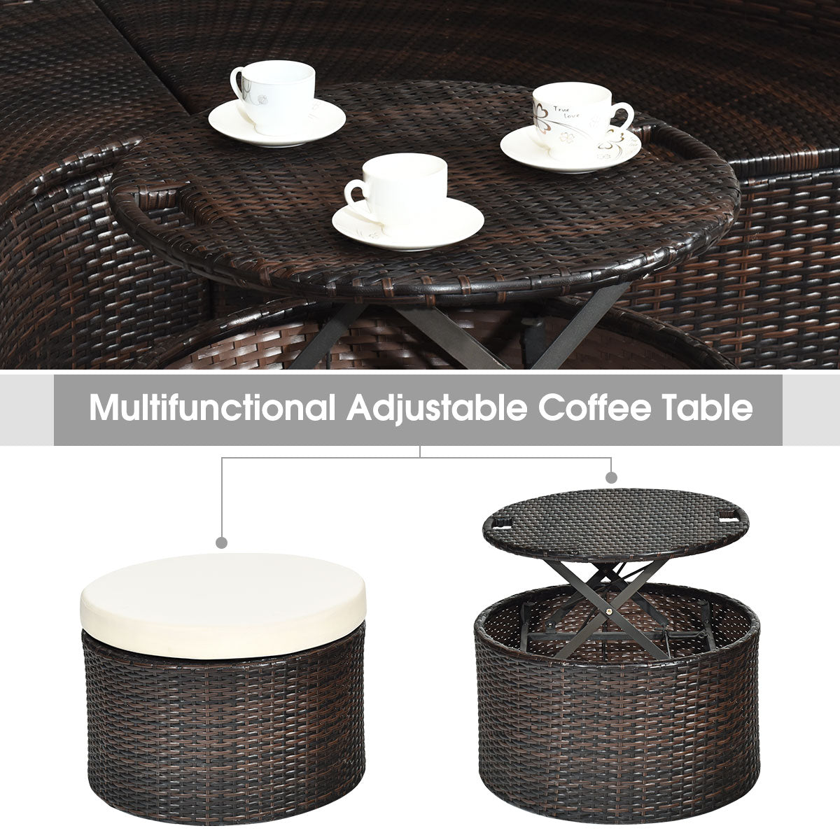 LIVSK Ronde Outdoor Daybed - Intrekbare Luifel - Waterdichte Kussens - Verstelbare Salontafel - Duurzaam PE Rotan - Bruin met