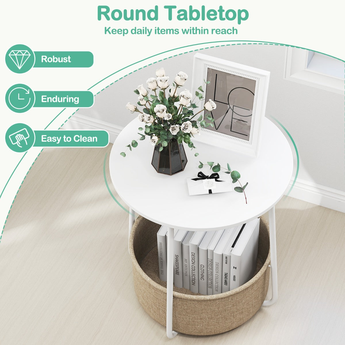 Livsk costway ronde bijzettafel 2 laags bijzettafel met stoffen opbergmand moderne nachtkastje met metalen frame wit 2