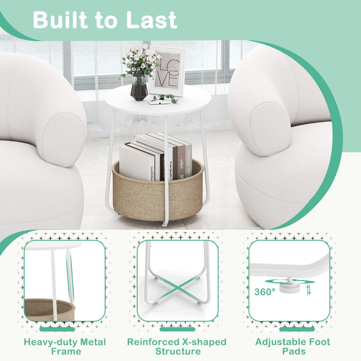 Livsk costway ronde bijzettafel 2 laags bijzettafel met stoffen opbergmand moderne nachtkastje met metalen frame wit 4