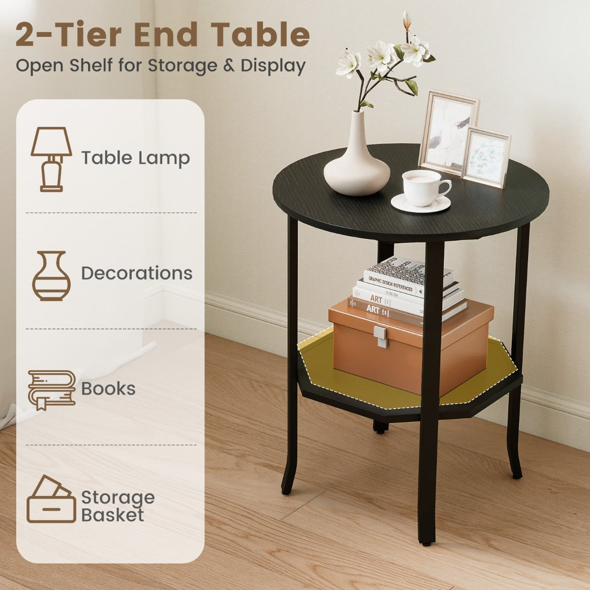 Livsk costway ronde bijzettafel bijzettafel met twee niveaus en opbergvak decoratieve tafel in industriele stijl 5