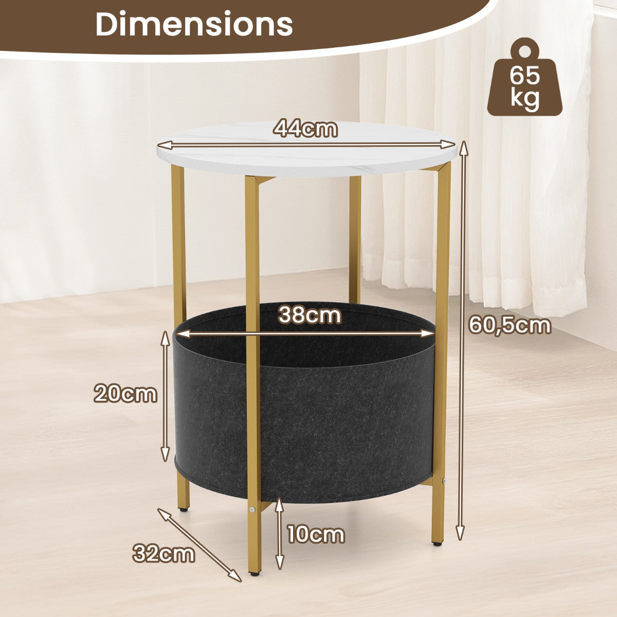 LIVSK Verwijderbare Vilten Bijzettafel - Ruim Rond Blad van 44 cm - Stevig Metaal - Multifunctioneel - Tot 30 kg - Wit