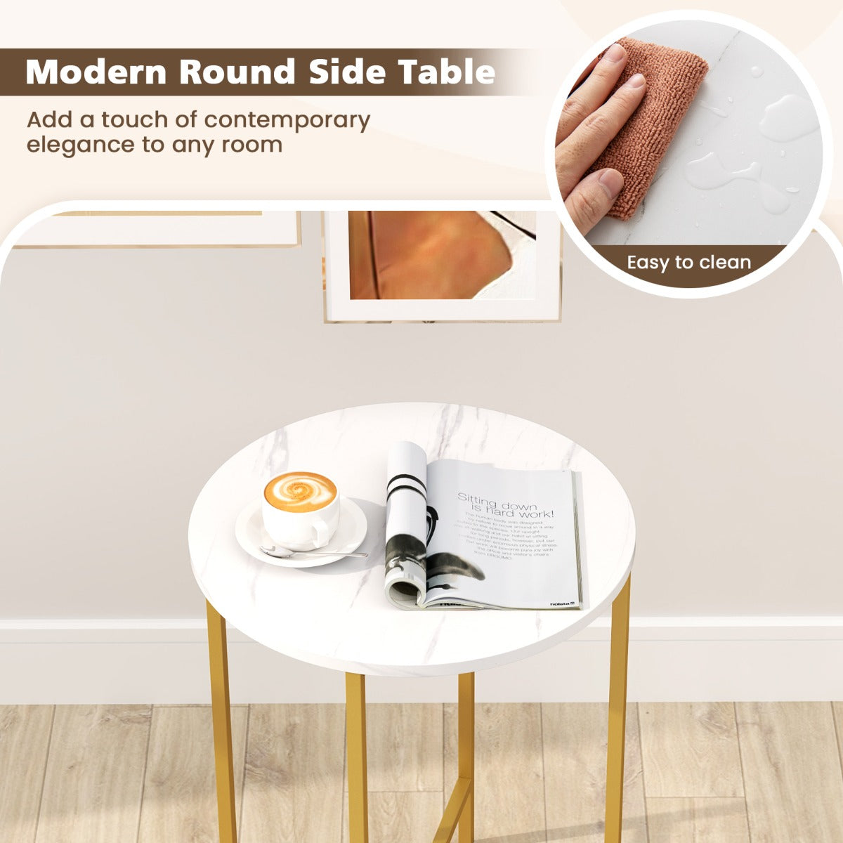 LIVSK Verwijderbare Vilten Bijzettafel - Ruim Rond Blad van 44 cm - Stevig Metaal - Multifunctioneel - Tot 30 kg - Wit