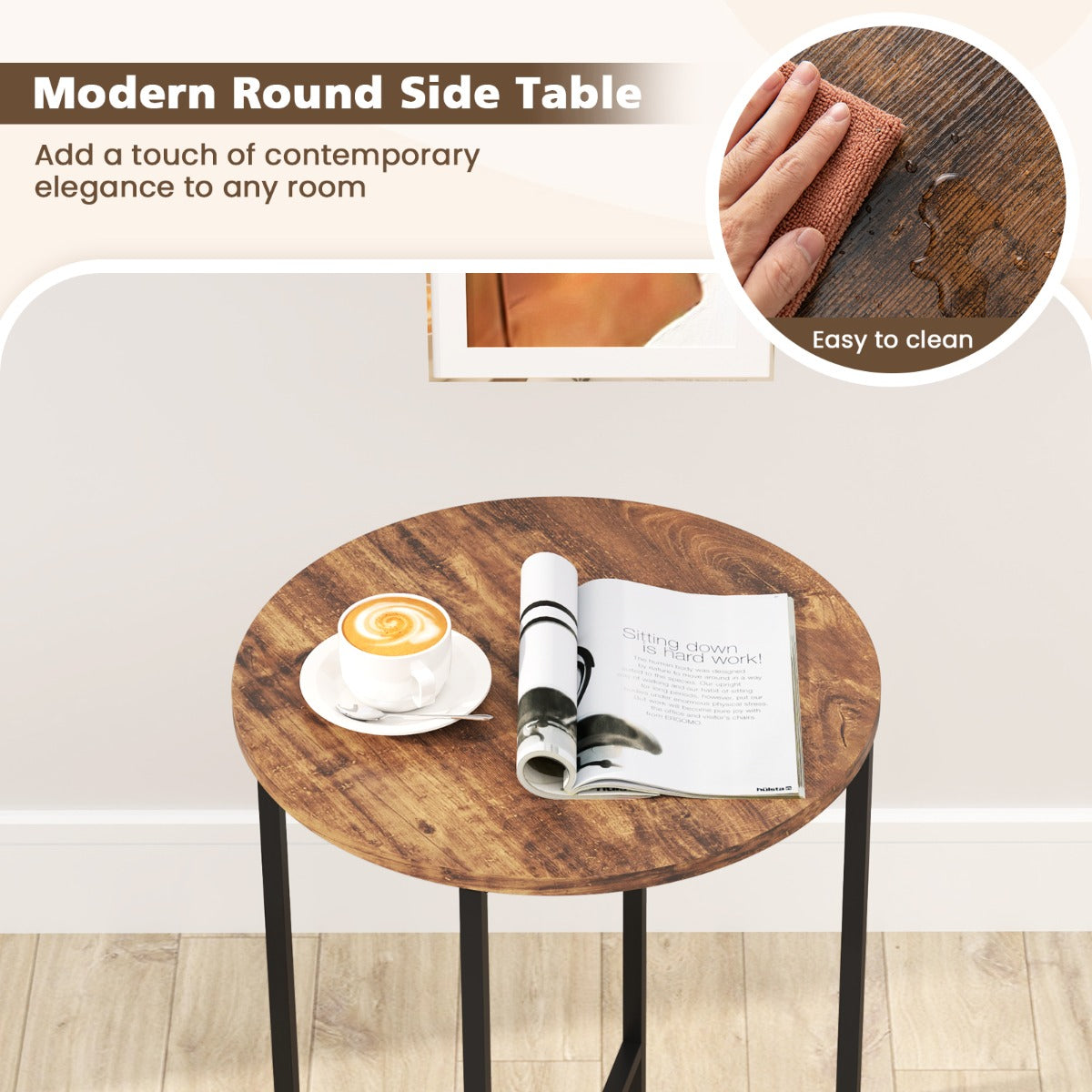 LIVSK Verwijderbare Vilten Bijzettafel - Ruim Rond Blad 44 cm - Stevig Metaal met X-vormige Basis - Tot 30 kg - Grijs
