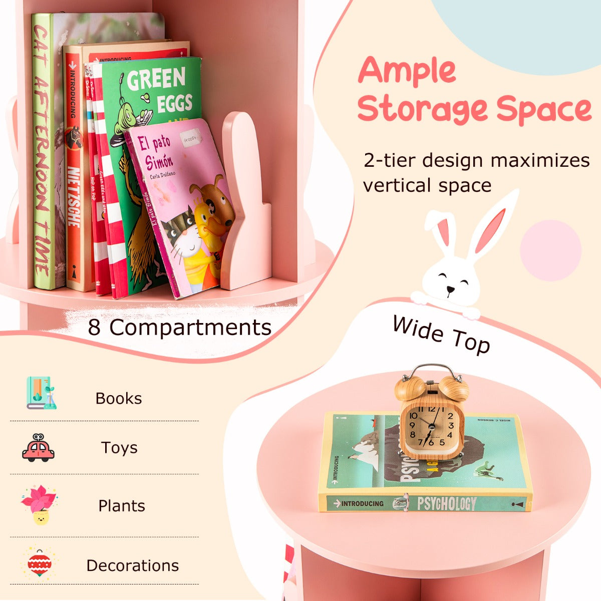LIVSK Draaibare Kinderboekenkast - 360° Draaibaar - 8 Vakken met Konijntjes - Kindvriendelijk Ontwerp - 40 x 65 cm - Roze