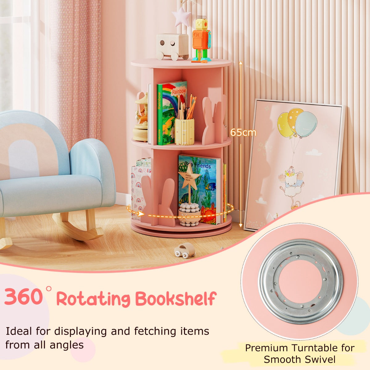 LIVSK Draaibare Kinderboekenkast - 360° Draaibaar - 8 Vakken met Konijntjes - Kindvriendelijk Ontwerp - 40 x 65 cm - Roze