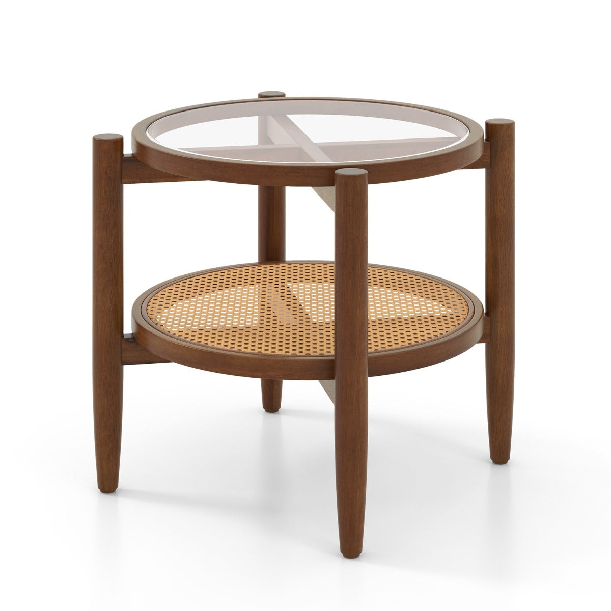 LIVSK Bijzettafel met Gehard Glazen Bovenblad - Acaciahouten Poten - PE Rotan - Compact en Multifunctioneel - 35 kg - Bruin