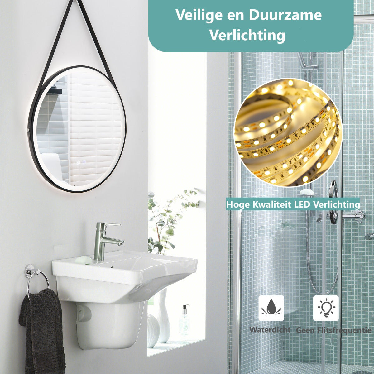 LIVSK Moderne LED Ronde Badkamerspiegel - Dimbare 3 Kleurtemperaturen - Anti-Mist - Geheugenfunctie - Ø 60 cm - Zilver