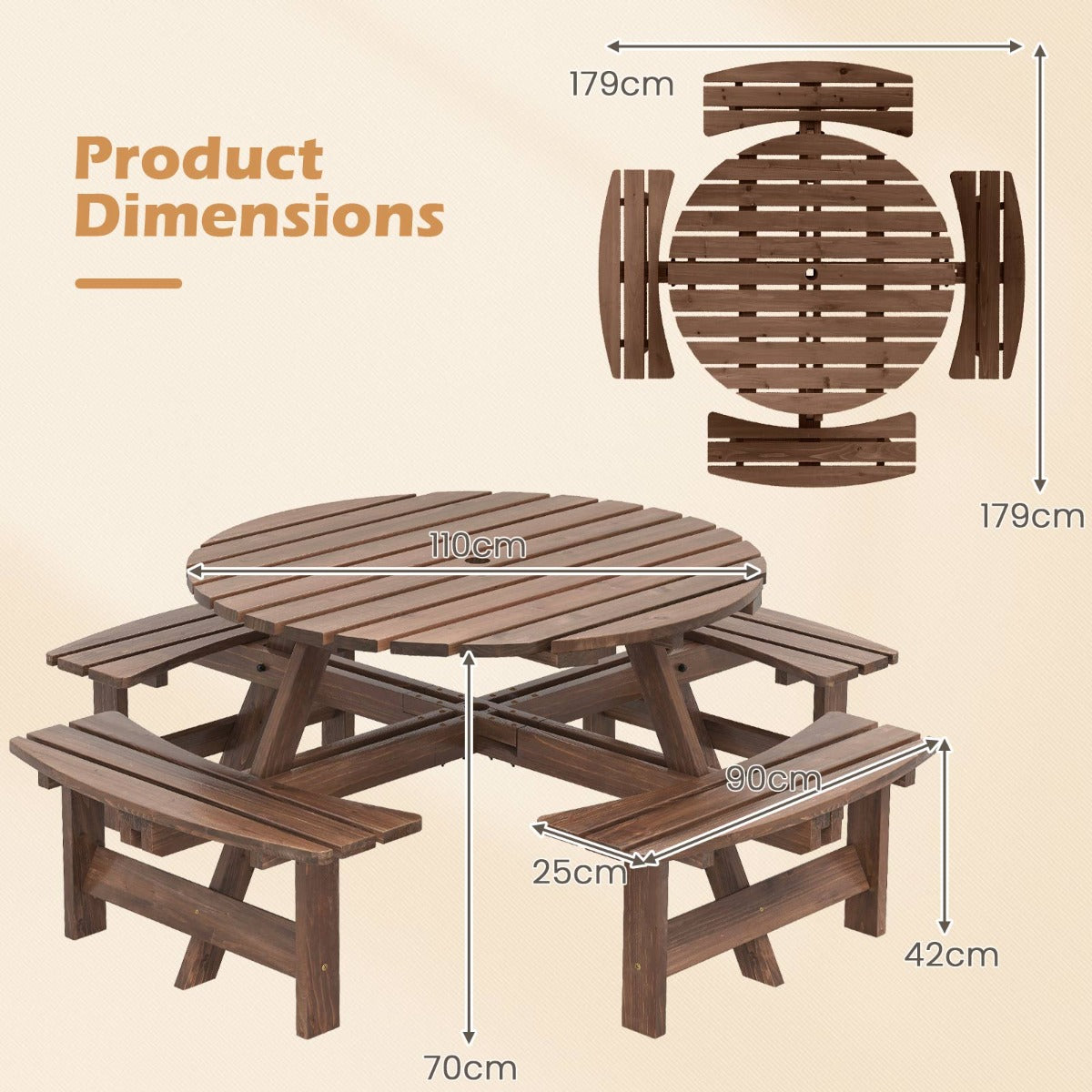 LIVSK Ronde Picknicktafel en Bankenset voor 2-8 Personen - Parasolgat - Stevig Dennenhout - 110 x 70 cm - Bruin/Geel