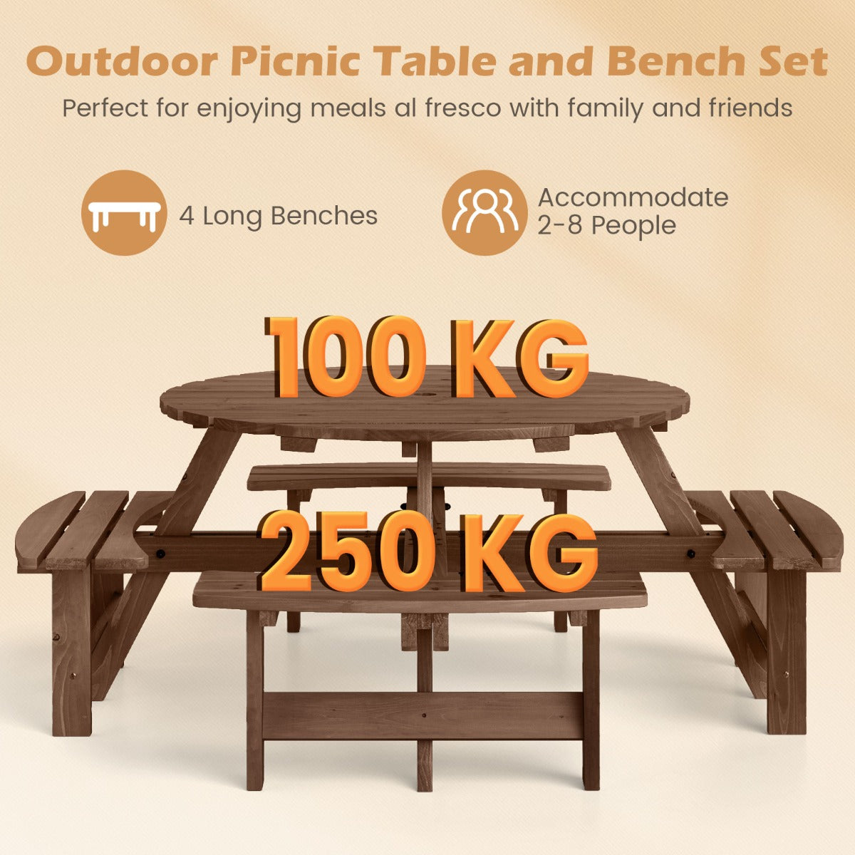 LIVSK Ronde Picknicktafel en Bankenset voor 2-8 Personen - Parasolgat - Stevig Dennenhout - 110 x 70 cm - Bruin/Geel