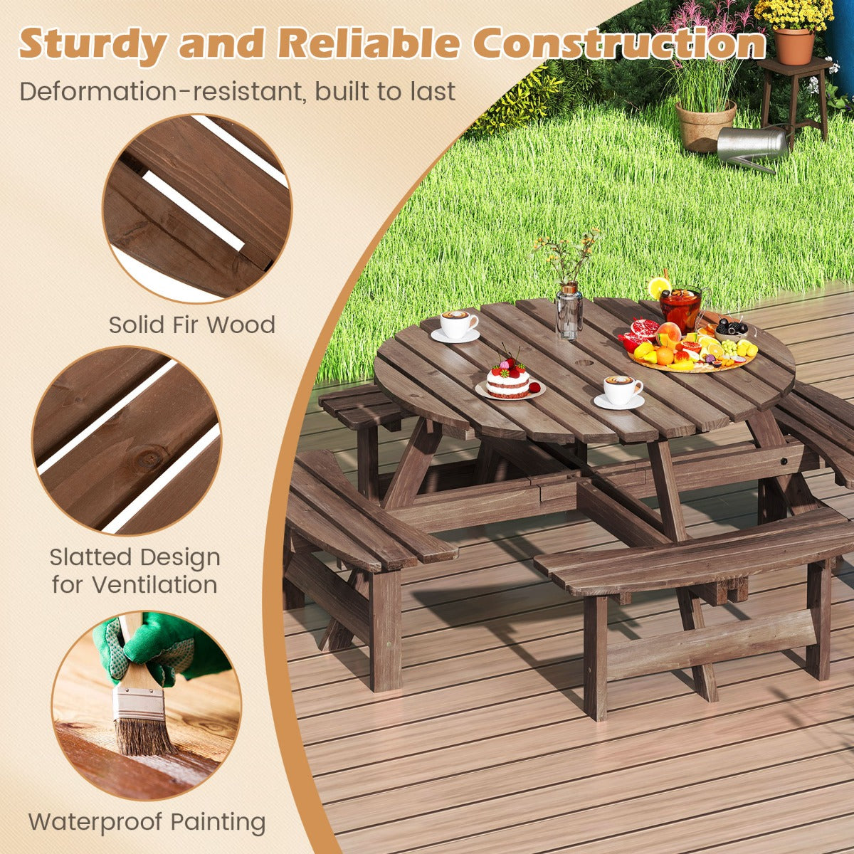 LIVSK Ronde Picknicktafel en Bankenset voor 2-8 Personen - Parasolgat - Stevig Dennenhout - 110 x 70 cm - Bruin/Geel
