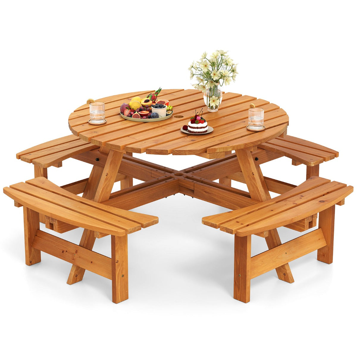 LIVSK Ronde Picknicktafelset voor 2-8 Personen - Met Parasolgat - Stevig Dennenhout - Ideaal voor Buiten - Bruin/Geel
