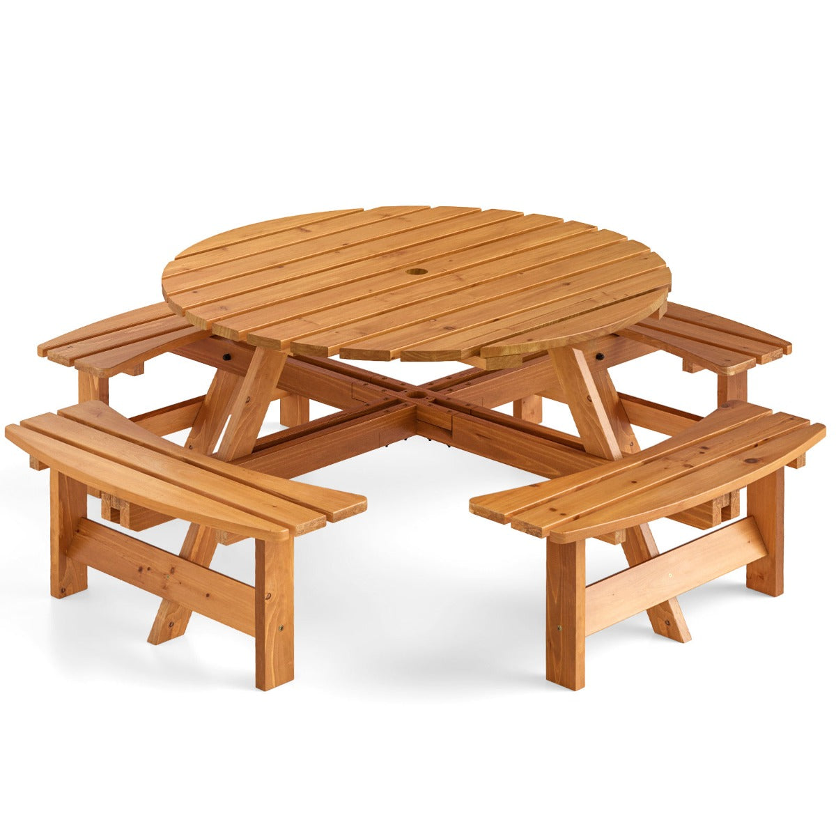 LIVSK Ronde Picknicktafelset voor 2-8 Personen - Met Parasolgat - Stevig Dennenhout - Ideaal voor Buiten - Bruin/Geel