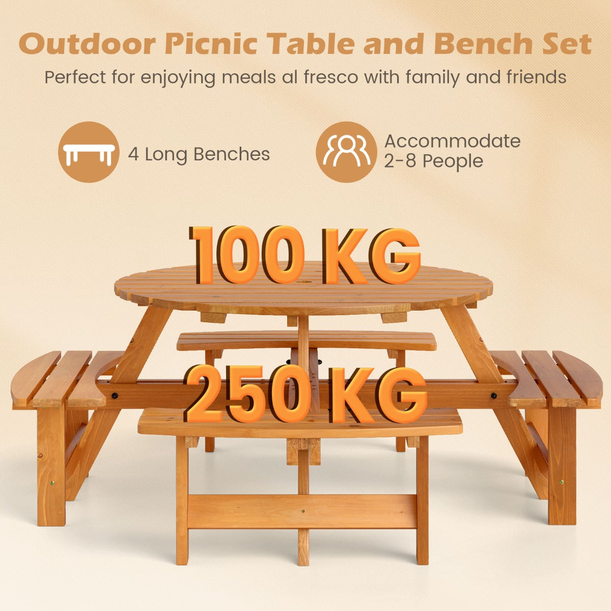 LIVSK Ronde Picknicktafelset voor 2-8 Personen - Met Parasolgat - Stevig Dennenhout - Ideaal voor Buiten - Bruin/Geel