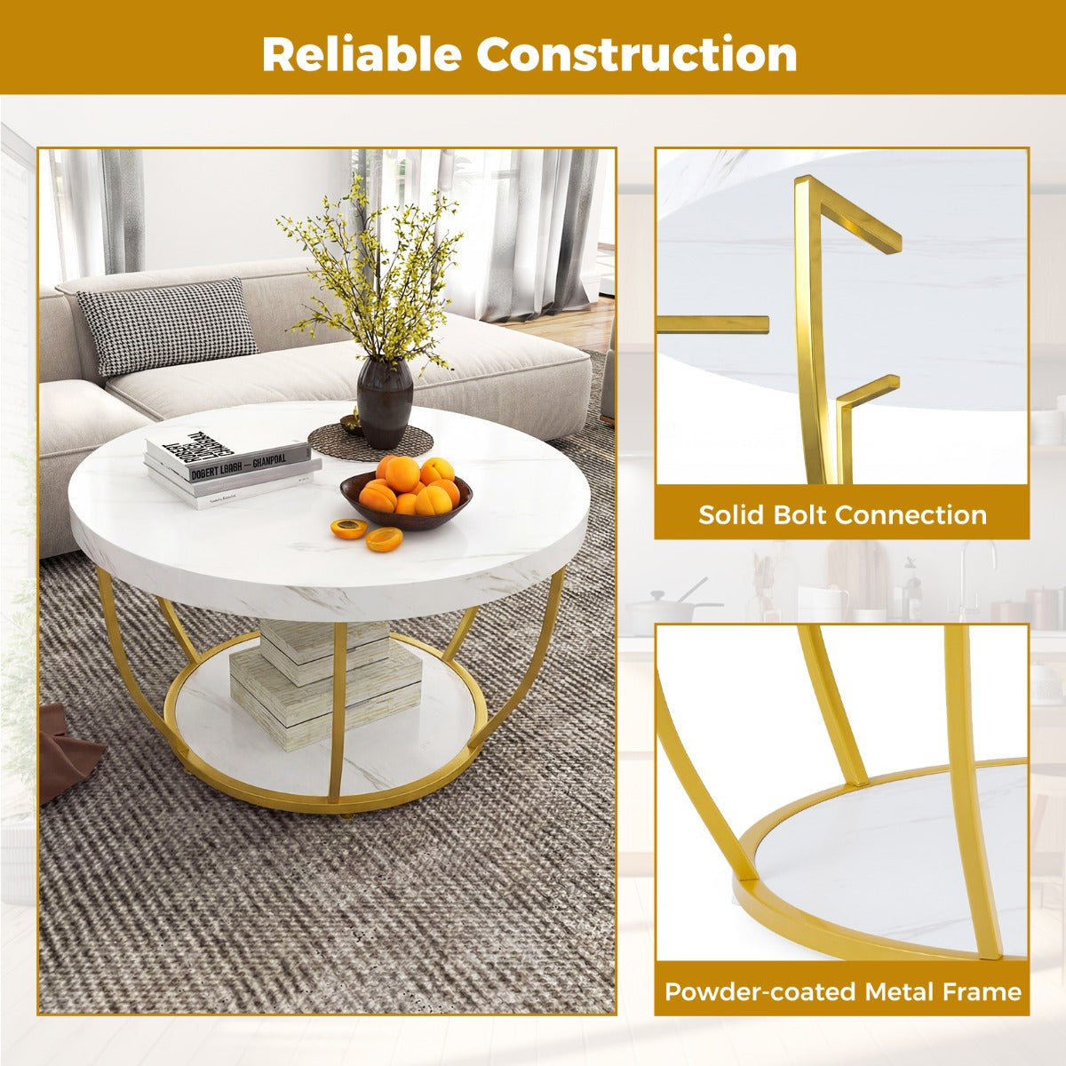 Livsk costway ronde salontafel houten salontafel met 2 niveaus metalen frame woonkamertafel kafeetafel wit 6