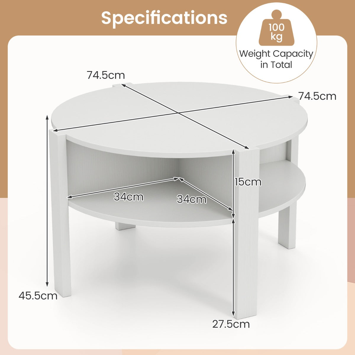 LIVSK Ronde Salontafel met Opbergruimte - 2 Niveaus - Tijdloze Houtnerf - Stabiele Structuur - Voor Woonkamer en Kantoor - Wit
