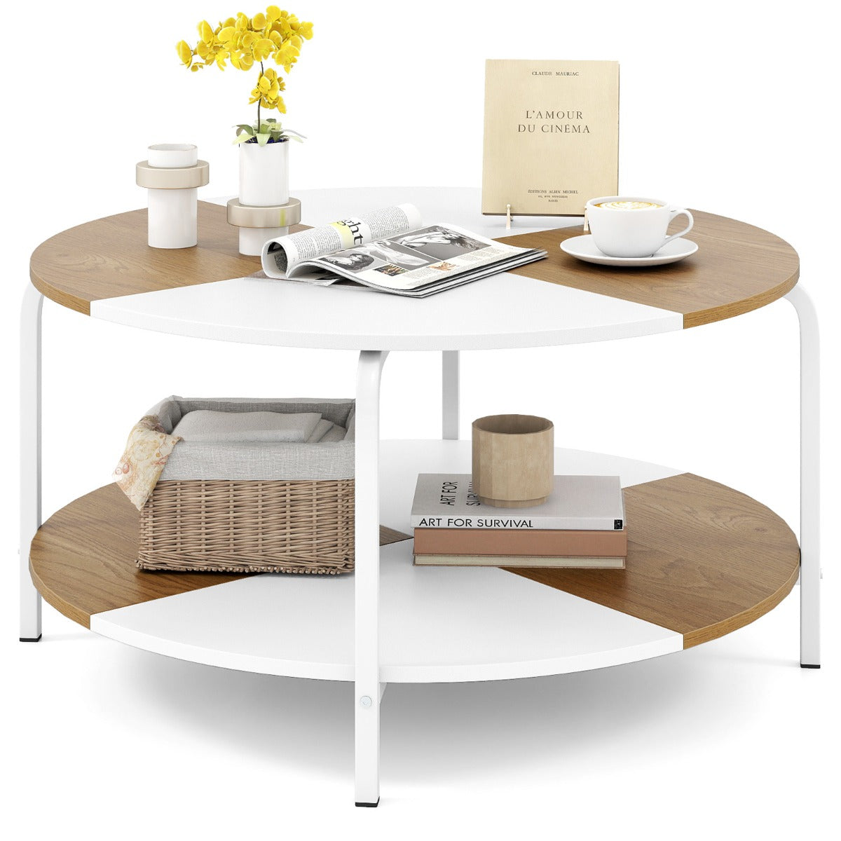 Livsk costway ronde salontafel salontafel met 2 niveaus en opbergplank theetafel bijzettafel van hout met metalen frame 1