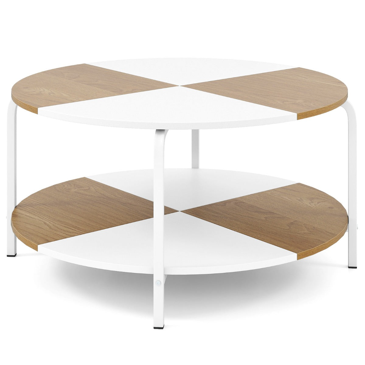 Livsk costway ronde salontafel salontafel met 2 niveaus en opbergplank theetafel bijzettafel van hout met metalen frame