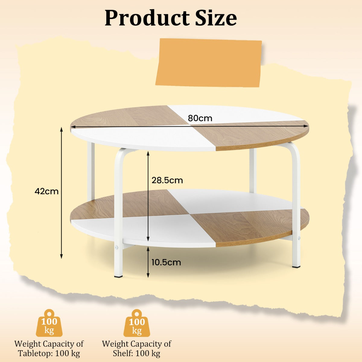 Livsk costway ronde salontafel salontafel met 2 niveaus en opbergplank theetafel bijzettafel van hout met metalen frame