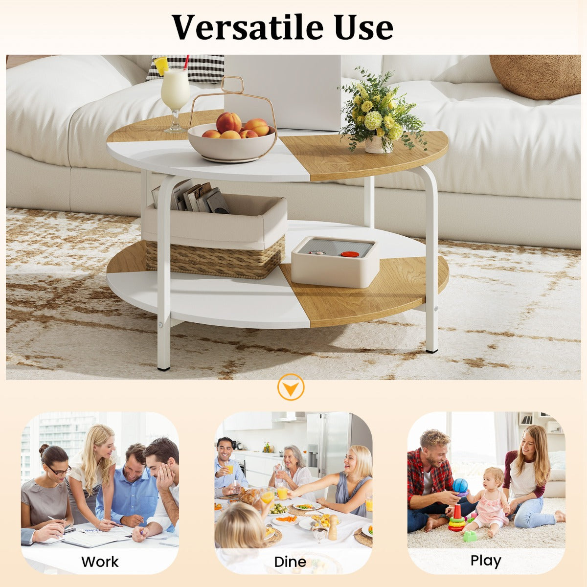 Livsk costway ronde salontafel salontafel met 2 niveaus en opbergplank theetafel bijzettafel van hout met metalen frame