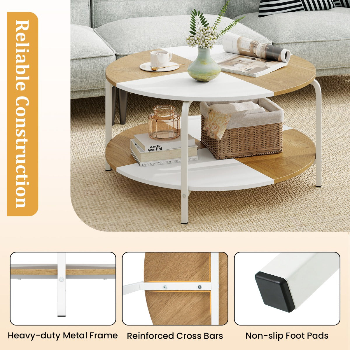 Livsk costway ronde salontafel salontafel met 2 niveaus en opbergplank theetafel bijzettafel van hout met metalen frame