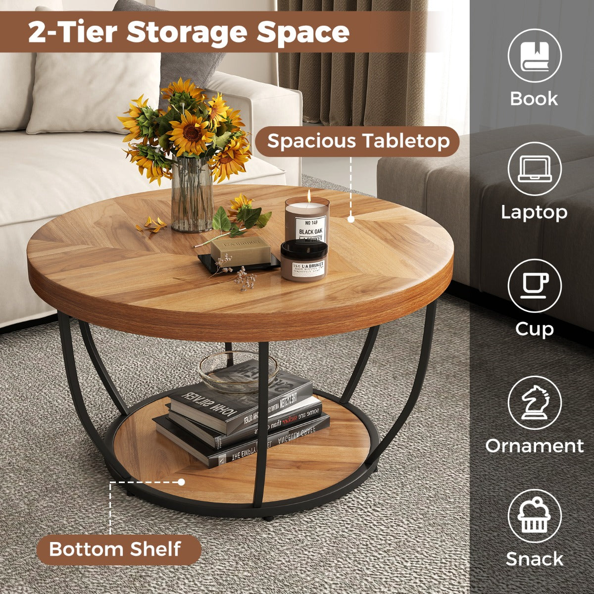 LIVSK Ronde Salontafel met 2 Niveaus - Houtnerfafwerking - Stevig Metalen Frame - Verstelbare Glijders - 80 x 80 x 45 cm -