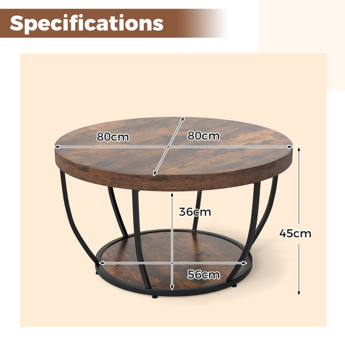 LIVSK Ronde Salontafel - 2 Niveaus met Houtnerfafwerking - Stevig Metaal - Verstelbare Glijders - 80 x 80 x 45 cm -