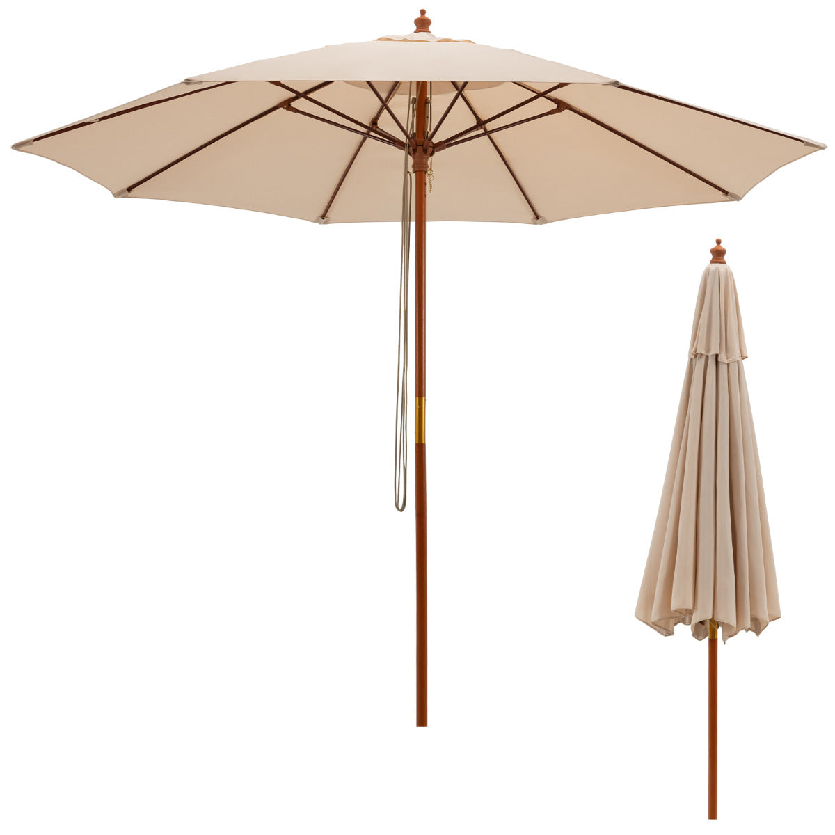 LIVSK Ronde Parasol - 8 Glasvezelribben - Verstelbare Kap met 3 Standen - Lichtgewicht en Draagbaar - 283 x 252,5 cm - Beige