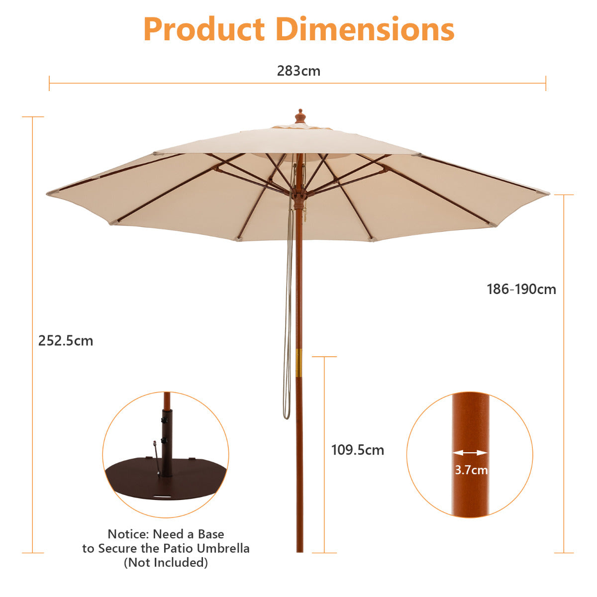 LIVSK Ronde Parasol - 8 Glasvezelribben - Verstelbare Kap met 3 Standen - Lichtgewicht en Draagbaar - 283 x 252,5 cm - Beige