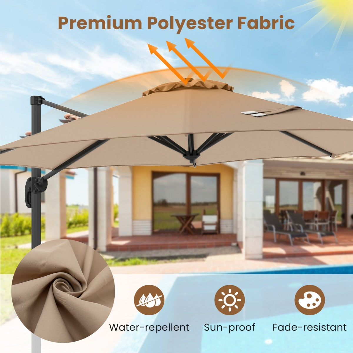 LIVSK Verstelbare Zweefparasol 294 x 247 cm - 360° Rotatie - Premium Polyester - Stabiele Kruisvoet - Kleurvast - Beige