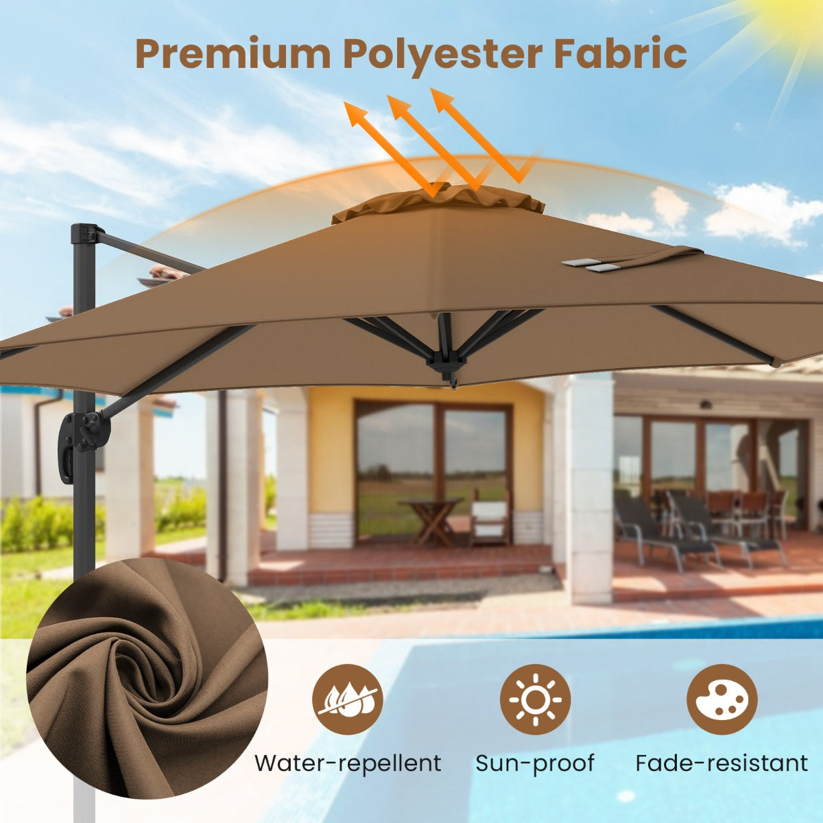 LIVSK Zweefparasol met 5 Verstelbare Hellingen - 360° Rotatie - Stabiele Kruisvoet - Polyester - 308 x 248 cm - Bruin