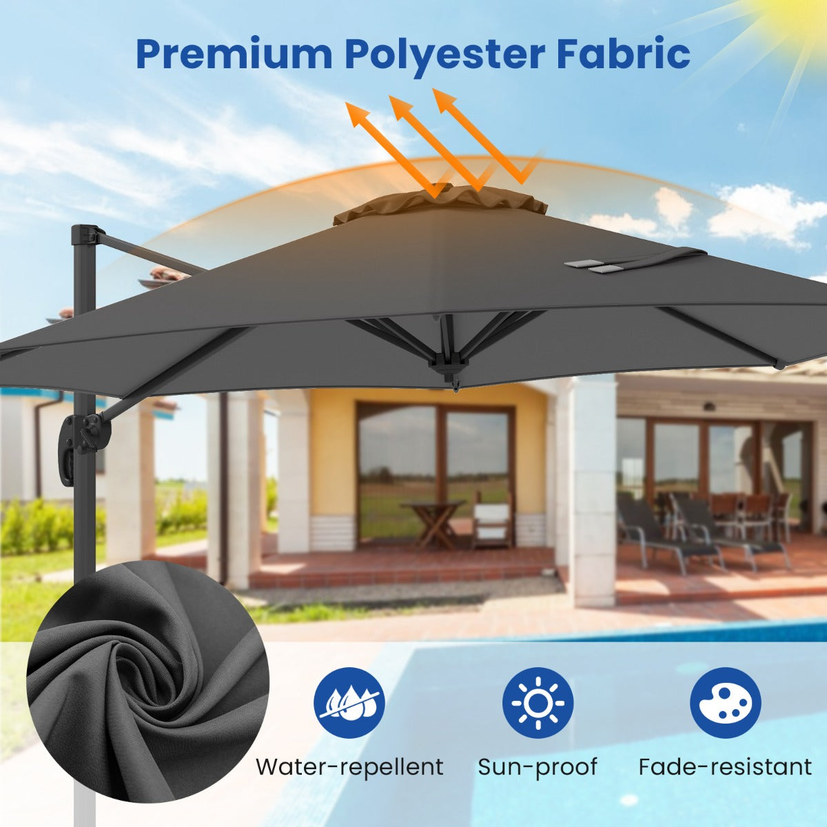 LIVSK Zweefparasol - Verstelbare Hellingen - 360° Rotatie - Stabiele Kruisvoet - Polyester - 308 x 248 cm - Bruin