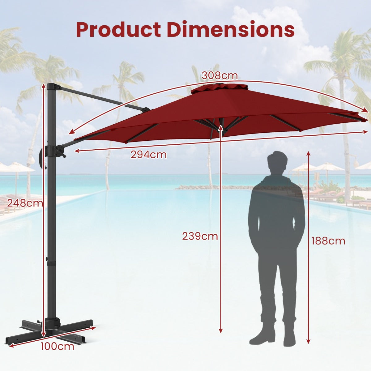 LIVSK Zweefparasol - 5 Verstelbare Hellingen - 360° Rotatie - Aluminium - Voor Buiten - 308 x 248 cm - Bruin