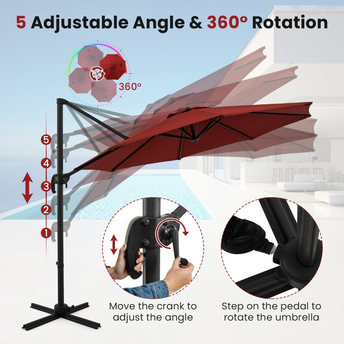 LIVSK Zweefparasol - 5 Verstelbare Hellingen - 360° Rotatie - Aluminium - Voor Buiten - 308 x 248 cm - Bruin