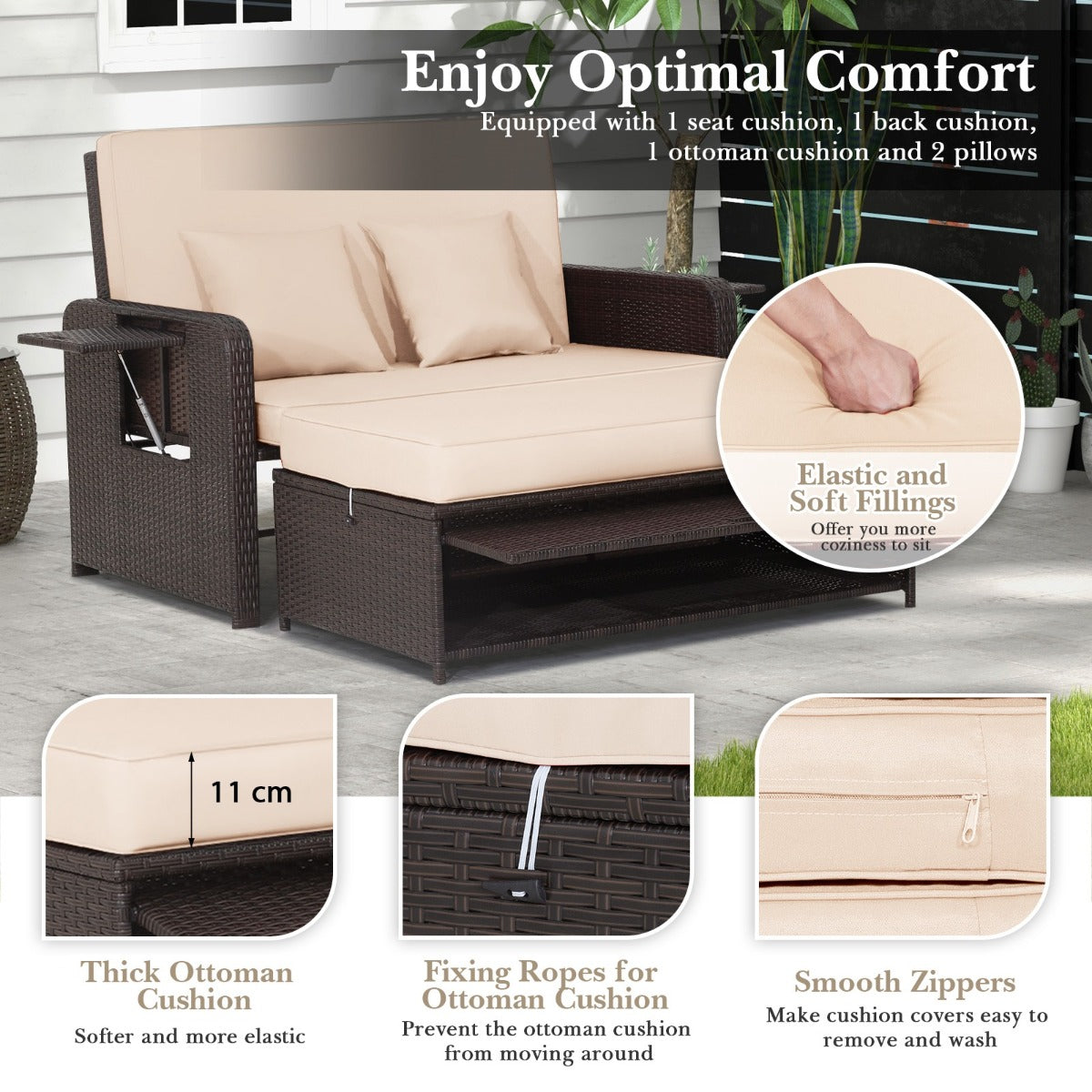LIVSK 2-delige Loungeset met Verstelbare Rugleuning - Multifunctionele Poef - Uittrekbare Zijtafels - Gemengd Bruin - Beige
