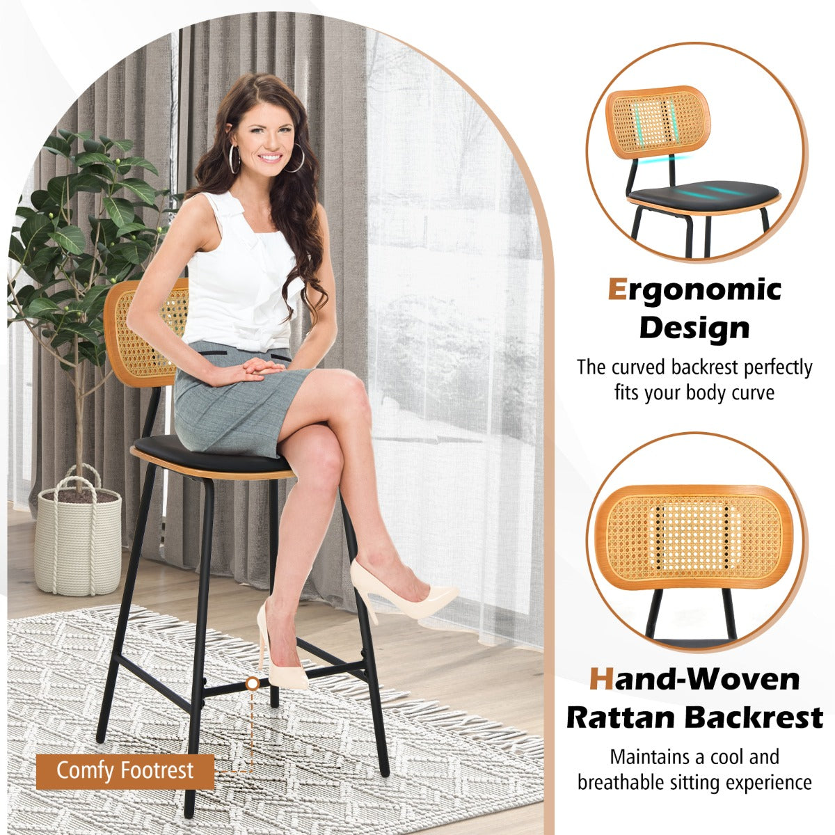 LIVSK Rotan Barkruk Set van 2 - Ergonomisch Design - Waterbestendig PU-leer - Draagvermogen 140 kg - 45 x 45 x 94 cm - Zwart +