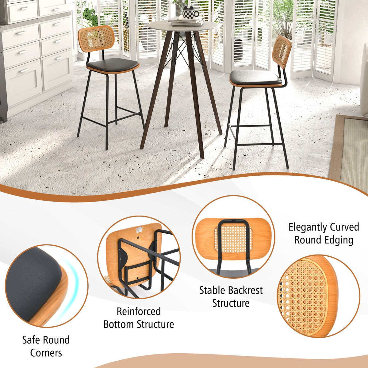 LIVSK Rotan Barkruk Set van 2 - Ergonomisch Design - Waterbestendig PU-leer - Draagvermogen 140 kg - 45 x 45 x 94 cm - Zwart +