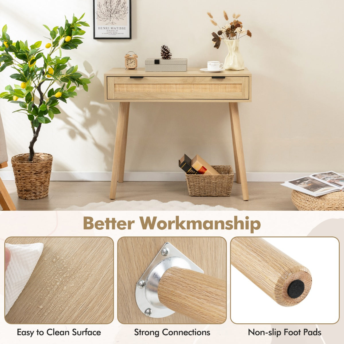 Livsk costway rotan consoletafel met schuiflade haltafel in bohemian stijl houten salontafel kaptafel natuurlijk 6